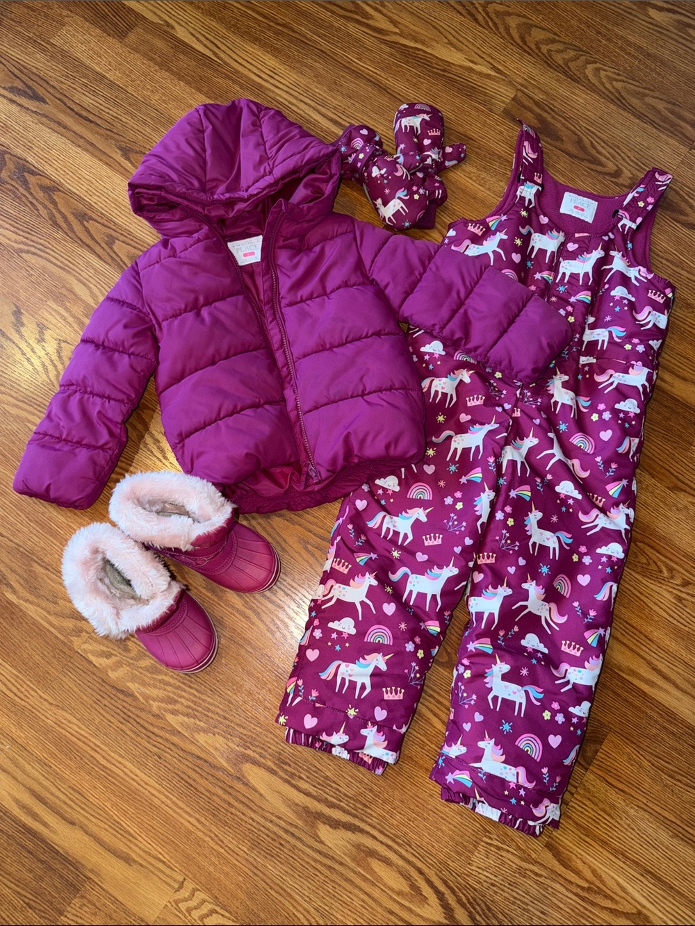 Girls' Fuchsia Unicorn Snow Bib & Puffer Jacket Set, w boots and socks
